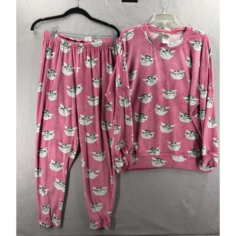 Star Wars Slumber 2 Piece Jogger Pajama Set Womens L Pink Baby Yoda Soft Velour